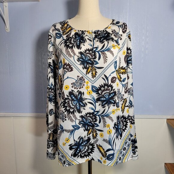 Liz Claiborne Career Extra Large Blue Yellow Floral Round Neck Longsleeve Blouse - Picture 1 of 9